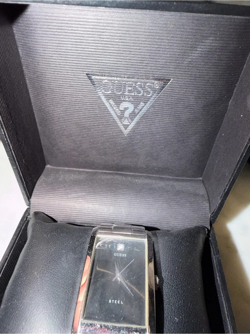 GUESS Silver Stainless Steel Men's Rectangular Black Dial Watch